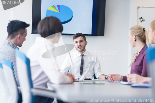 Image of young business people group on team meeting at modern office