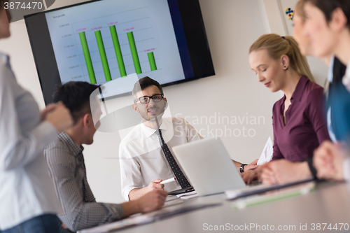 Image of young business people group on team meeting at modern office