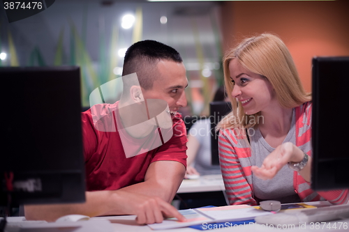 Image of technology students group working  in computer lab school  class