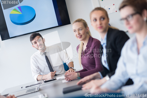 Image of young business people group on team meeting at modern office