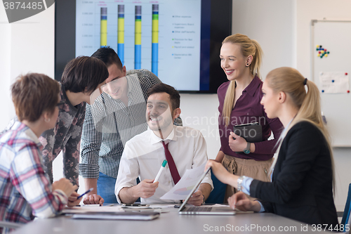 Image of young business people group on meeting at modern office