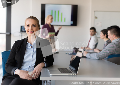 Image of portrait of young business woman at office with team on meeting 