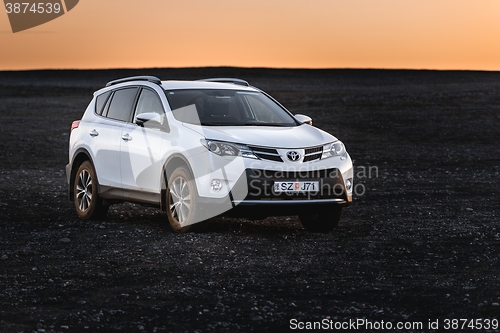 Image of VIK, ICELAND - MAY 08, 2015. Toyota RAV4 four wheel drive SUV on unpaved roads and terrain