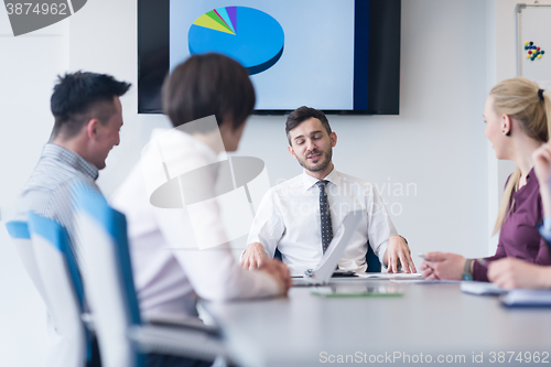 Image of young business people group on team meeting at modern office