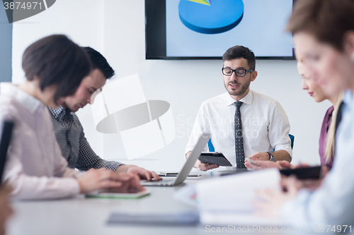 Image of young business people group on team meeting at modern office