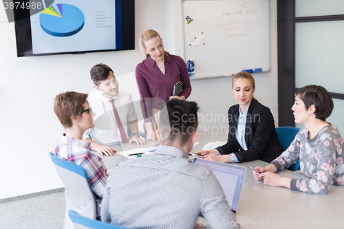 Image of young business people group on meeting at modern office