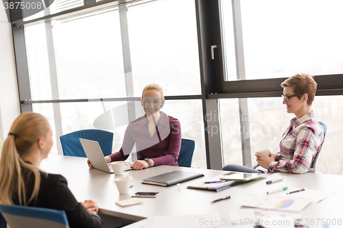 Image of young business people group on meeting at modern office