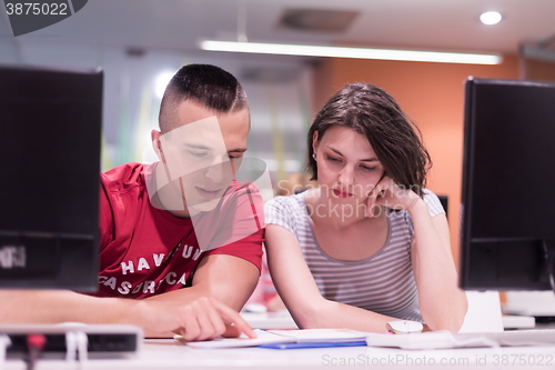 Image of technology students group working  in computer lab school  class