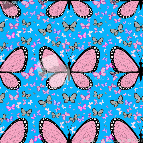 Image of Large pink butterfly surrounded by small multicolored butterflie