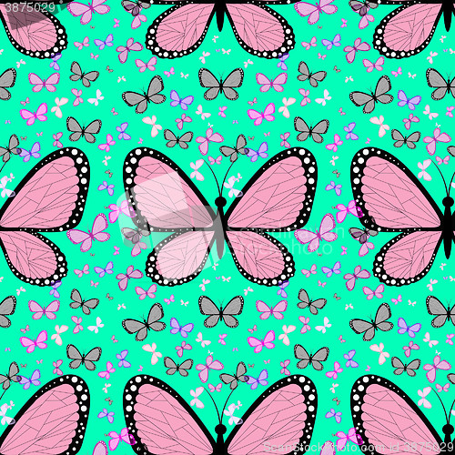 Image of Large pink butterfly surrounded by small multicolored butterflie