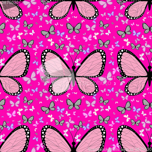 Image of Large pink butterfly surrounded by small multicolored butterflie