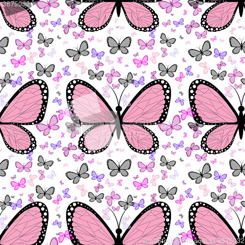 Image of Large pink butterfly surrounded by small multicolored butterflie