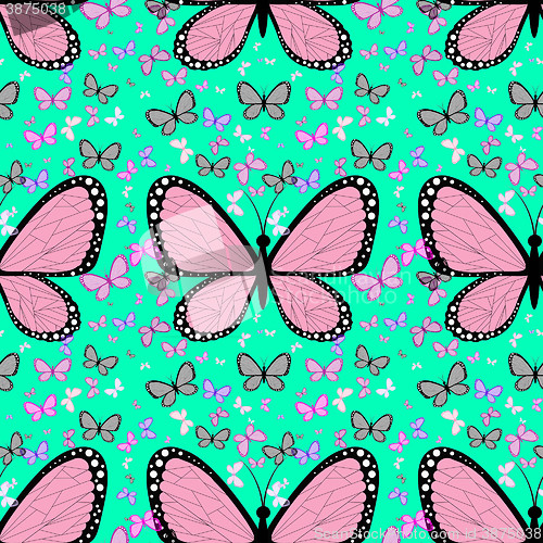 Image of Large pink butterfly surrounded by small multicolored butterflie