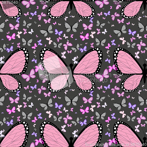 Image of Large pink butterfly surrounded by small multicolored butterflie