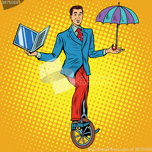 Image of Businessman on unicycle business balance