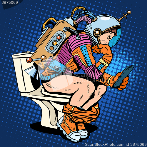 Image of Astronaut thinker on the toilet reading a smartphone