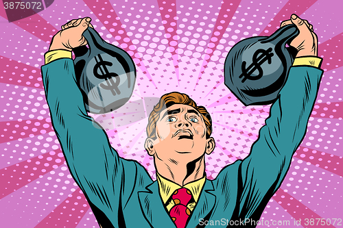 Image of Businessman strongman lifts weights money