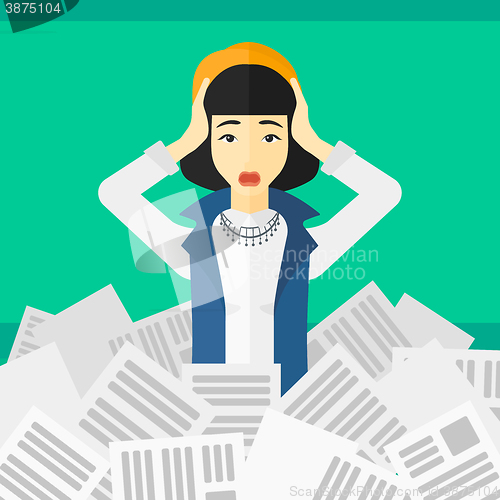 Image of Woman in stack of newspapers.