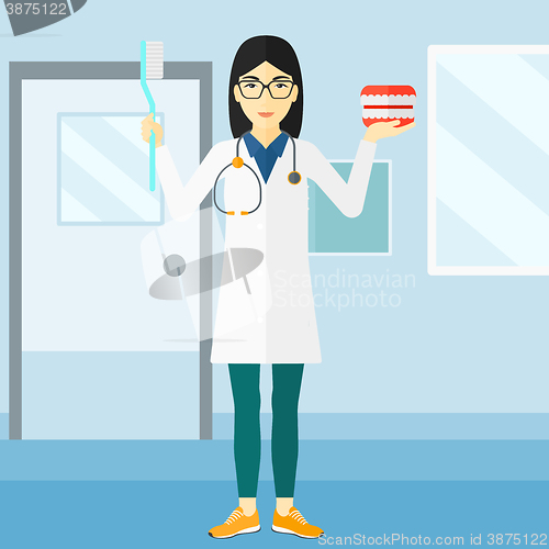Image of Dentist with dental jaw model and toothbrush.