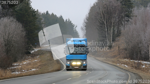 Image of Blue Renault Trucks T Headlights in Winter