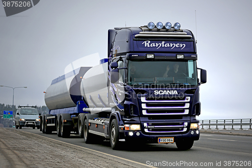 Image of Purple Scania R500 Tank Truck on a Bridge