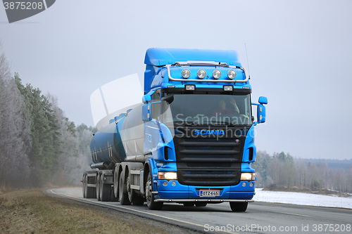 Image of Blue Scania R500 Tank Truck Winter Landscape