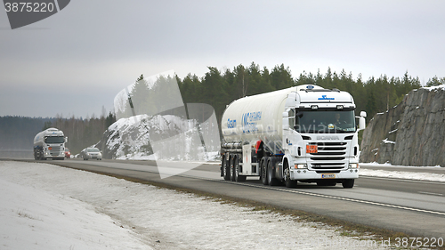 Image of Two Scania Semi Tank Trucks in ADR Haul