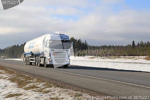 Image of Scania Semi Tank Truck on Freeway