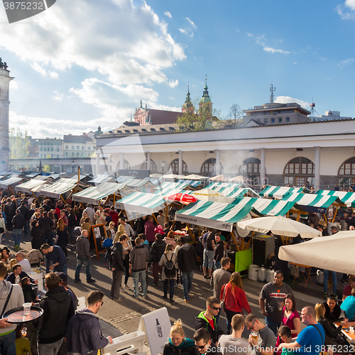 Image of People enjoing outdoor street food festival in Ljubljana, Slovenia.