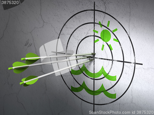 Image of Tourism concept: arrows in Beach target on wall background