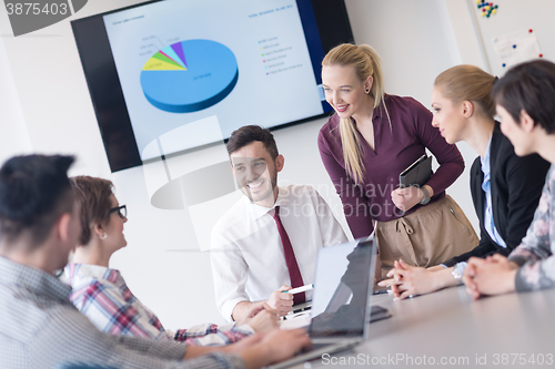 Image of young business people group on meeting at modern office