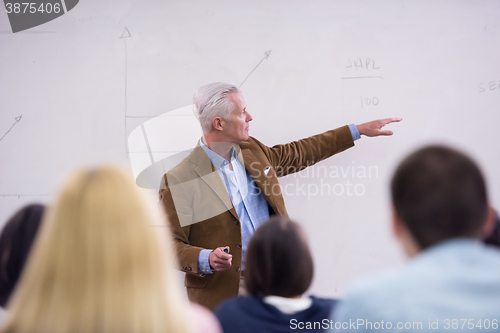 Image of teacher with a group of students in classroom