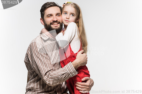 Image of Girl hugging her father  over a white background