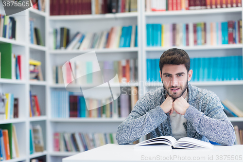 Image of portrait of student while reading book  in school library