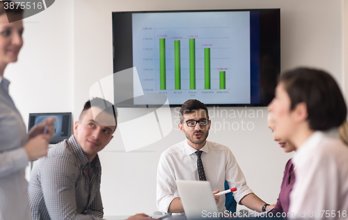 Image of young business people group on team meeting at modern office