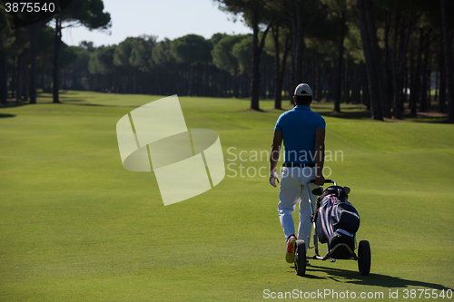 Image of golf player walking with wheel bag