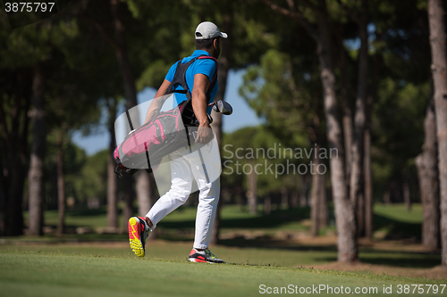 Image of golf player walking and carrying bag