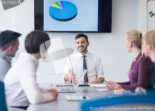 Image of young business people group on team meeting at modern office