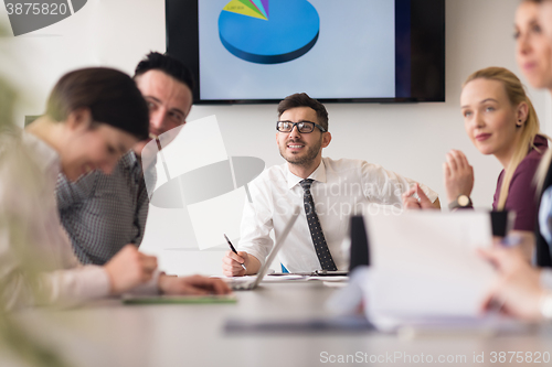 Image of young business people group on team meeting at modern office