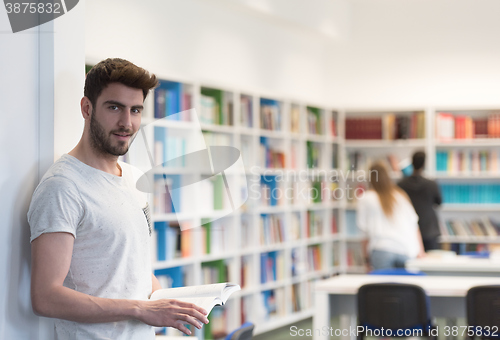 Image of student in school library using tablet for research