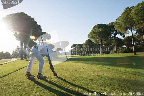 Image of golf player placing ball on tee