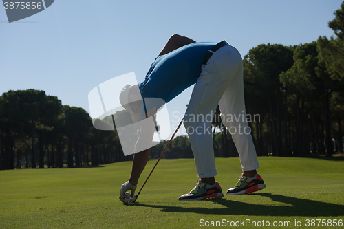 Image of golf player placing ball on tee