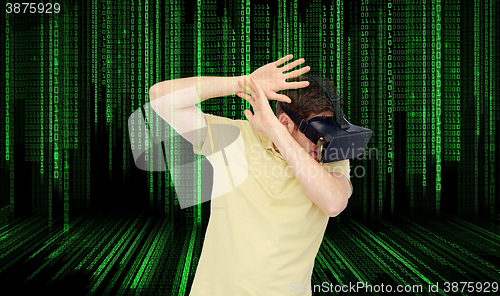 Image of man in virtual reality headset or 3d glasses