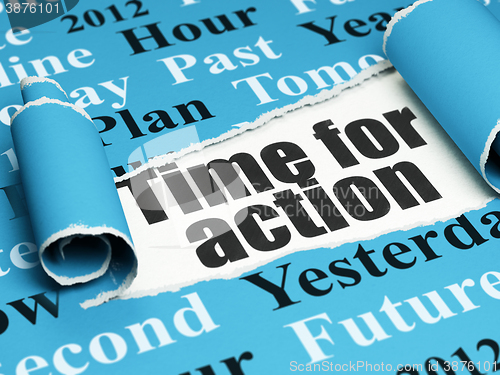 Image of Time concept: black text Time for Action under the piece of  torn paper
