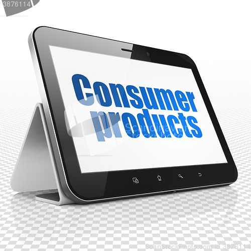 Image of Business concept: Tablet Computer with Consumer Products on display
