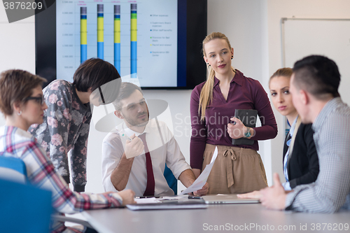 Image of young business people group on meeting at modern office