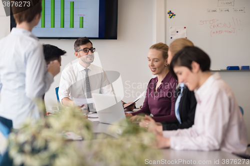 Image of young business people group on team meeting at modern office