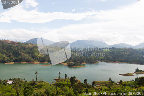 Image of view to lake or river from land hills on Sri Lanka