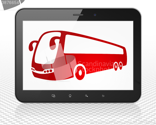 Image of Vacation concept: Tablet Pc Computer with Bus on display