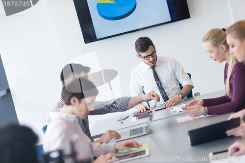 Image of young business people group on team meeting at modern office